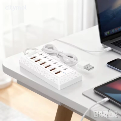 12-портово зарядно устройство за бързо зареждане, 66W, 6 USB + 6 Type C порта, 100 см кабел, снимка 4 - Оригинални зарядни - 53193225