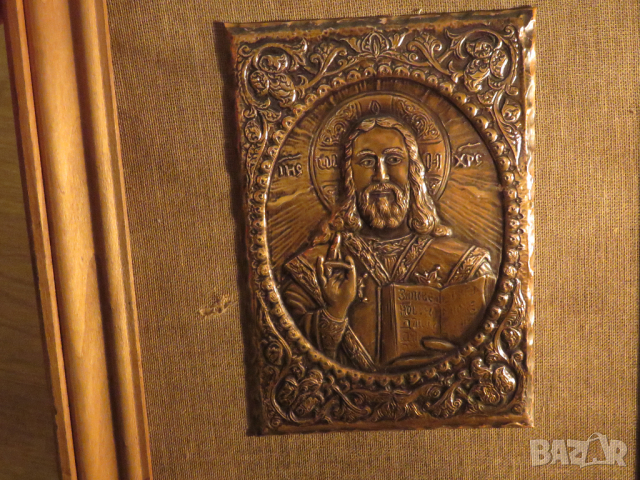 Старинна медна икона на Исус Христос  върху платно и солидна дървена рамка  православна икона