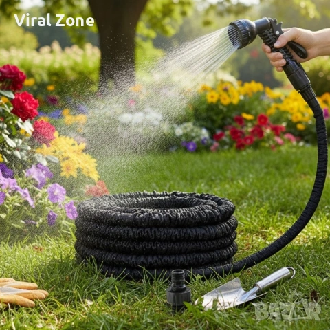 Гъвкав разтеглив градински маркуч 30м – Пълен комплект с пистолет (7 функции) и конектори, снимка 2 - Напояване - 53480270