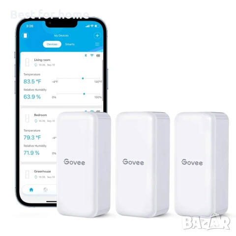 Govee H5100 комплект от 3 броя, мини Bluetooth сензори за температура и влажност