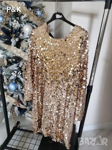 Златна рокля с пайети и сатенена панделка, снимка 4 - Рокли - 52721135