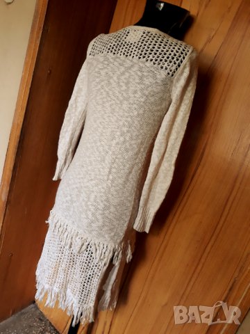 Кремаво бяля дълга жилетка плетиво с ресни С, снимка 2 - Жилетки - 34077968