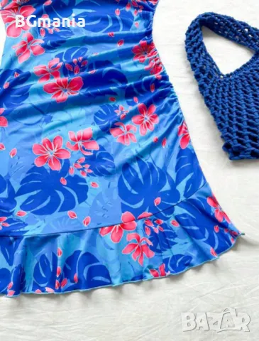 Синя асиметрична лятна рокля на цветя с презрамки размер М, снимка 4 - Рокли - 50166032
