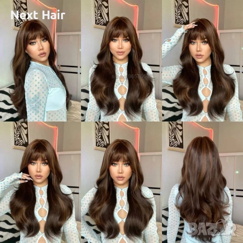 Тъмно кафява перука с кичури и дълъг бретон, снимка 7 - Аксесоари за коса - 52899911