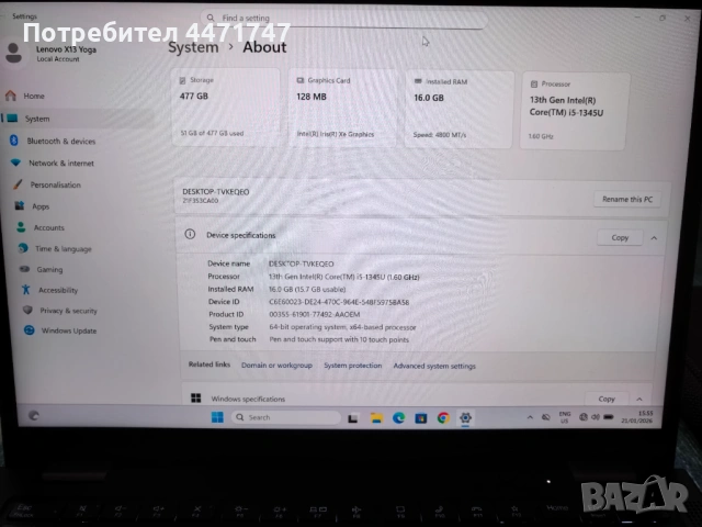 Нов Lenovo ThinkPad X13 Yoga Gen 4 LTE, снимка 10 - Лаптопи за работа - 53179426