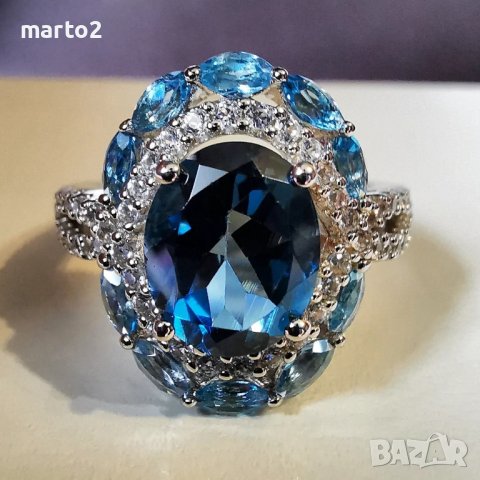 Прекрасен Сребърен 925 пръстен с Родиево покритие и Натурални сини Топази и Циркони!