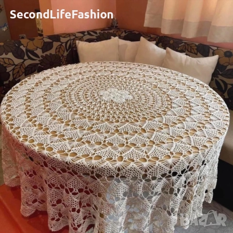Ретро ръчно плетена кухненска покривка, кръгла,160 см екрю, ретро, ​​ръчна изработка една кука , снимка 5 - Покривки за маси - 52817116