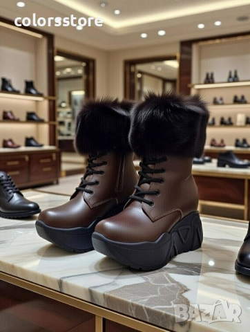 Боти на платформа - кафява кожа с черен пух и черно ходило - BPH1 