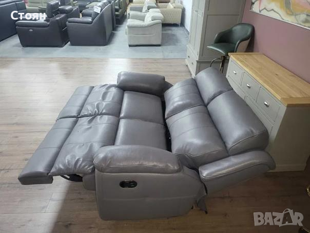 Сиво-лилав кожен диван двойка с ръчен релаксиращ механизъм, снимка 4 - Дивани и мека мебел - 44701782