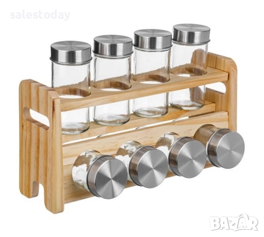 Поставка за подправки, Дървена стойка с 8бр бурканчета