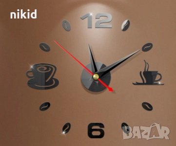  черен чаши зърна кафе стенен часовник уникален атрактивен дизайн 3D за кухня или кафене заведение, снимка 2 - Други - 35872375