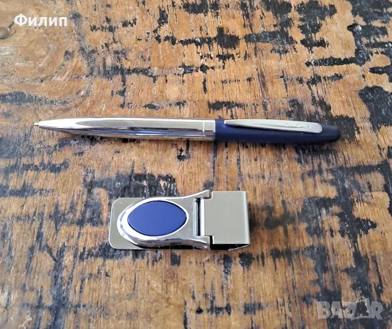 щипка за пари с химикалка метални със сини акценти комплект в кутия, снимка 3 - Други - 56117826