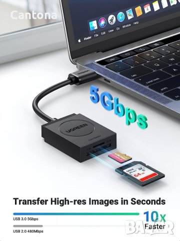 UGREEN USB 3.0 четец на карти с двоен слот TF, SD, MicroSD,SDXC,SDHC,MMC,RS-MMC, MicroSDXC,MicroSDHC, снимка 4 - Други - 41608173