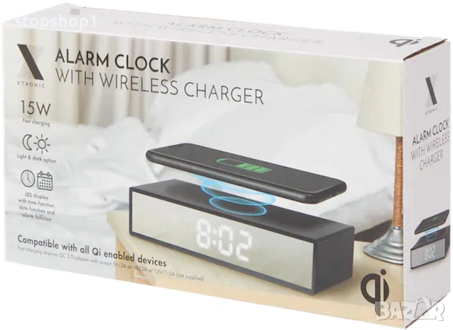 Настолен часовник Xtronic, аларма, безжично зареждане, черен
