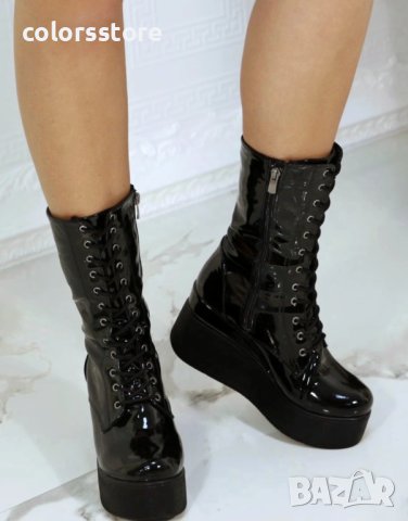 Боти на платформа - черeн лак с черно ходило - VP1