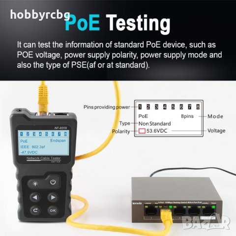 Tестер за измерване дължина на кабел, POE откриване, Cat5, Cat6, снимка 6 - Друга електроника - 35991220