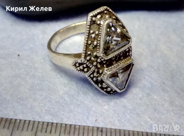 ШАРМАНТЕН СКЪПОЦЕНЕН СРЕБЪРЕН ПРЪСТЕН СРЕБРО 925 с БЯЛА ПОЗЛАТА ЛАБОРАТОРЕН МОЙСАНИТ МАРКАЗИТИ 48743, снимка 2 - Пръстени - 49346500