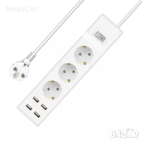 Удължител , 3 гнезда, 250V, 16A, Кабел, 1.5m, 4 x USB F, С ключ, Бял, снимка 1