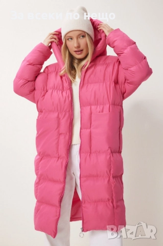 Дамско Дълго Розово Зимно Яке Със Силиконов Пълнеж И Качулка Код S10