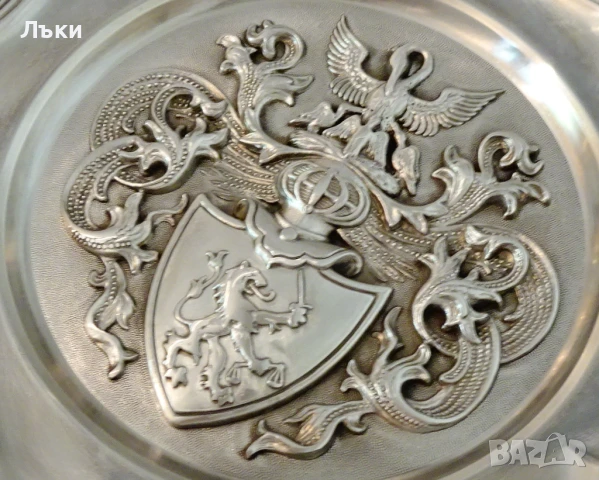 Калаена чиния,пано от калай със символи за семейство,калаена сватба. , снимка 3 - Антикварни и старинни предмети - 51395118