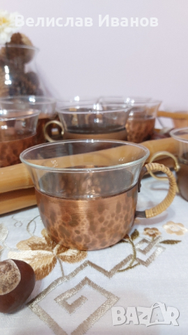 Чашки за кафе стъкло и медни подстакани. 10 броя, снимка 2 - Антикварни и старинни предмети - 44588335