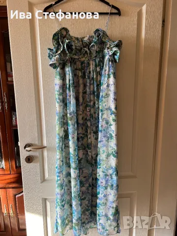 Ефирна кукленска дълга нова  синьо зелена рокля флорален принт цветя висока талия Mango MNG Манго , снимка 8 - Рокли - 47261737