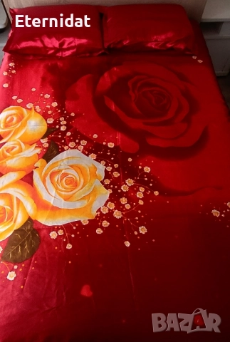 Червени сатенени чаршафи с рози, снимка 3 - Спално бельо - 51873014