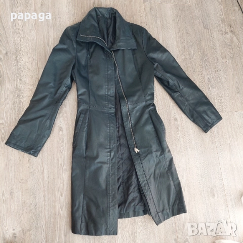 Черно кожено палто с подплата,телешки бокс, xs,s,без забележки