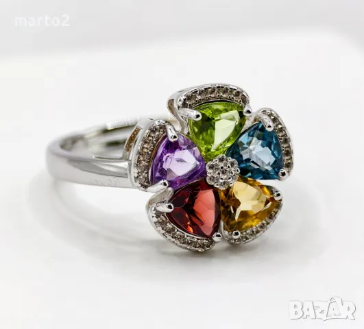 Сребърен 925 Пръстен с Камъни - Натурален Перидот Аметист Гранат Цитрин London Blue Топаз и Циркони!, снимка 5 - Пръстени - 47471429