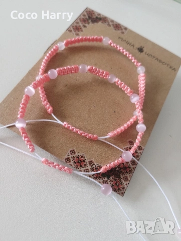 Комплект гривни с розов кварц и розово котешко око, снимка 2 - Детски - 53655651