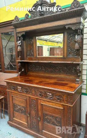 Викториански бюфет от дъб с шкаф, дърворезба и огледало, снимка 7 - Секции и витрини - 47661398