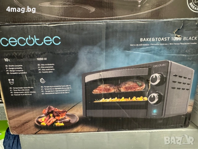 Нова мини фурна Cecotec Bake&Toast 1090 Black.  Капацитет: 10 литра. Мощност: 1000 W. Таймер: До 60 