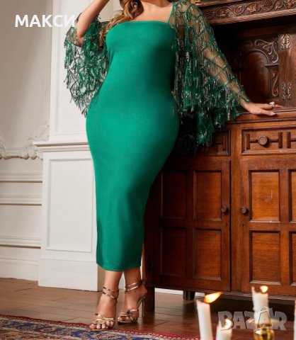 Макси еластична разкошна официална дълга рокля с приказна декорация пайети в маслено зелено, снимка 4 - Рокли - 39266468