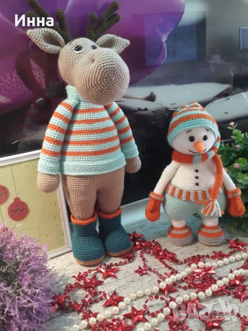 Подарък за Коледа. Снежен човек+Елен /Рудольф/, Двама приятели, Ръчно изработена, Плетена играчка, снимка 1 - Плюшени играчки - 42628880