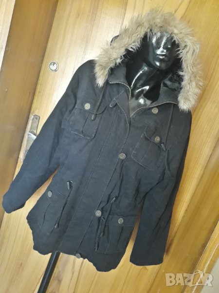 Черно яке от памук с качулка от еко косъм Л, снимка 1