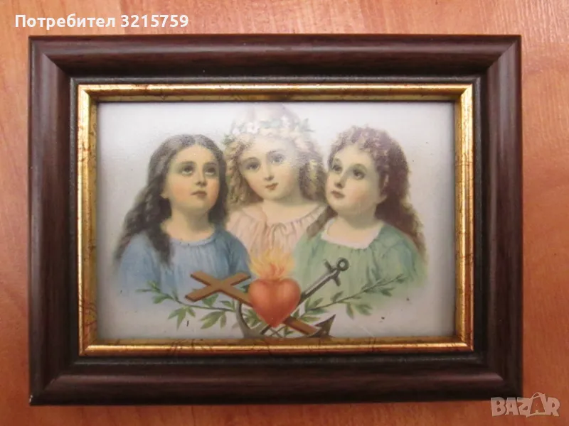 Стара мини литография-Вяра, Надежда и Любов, 12х9см., снимка 1