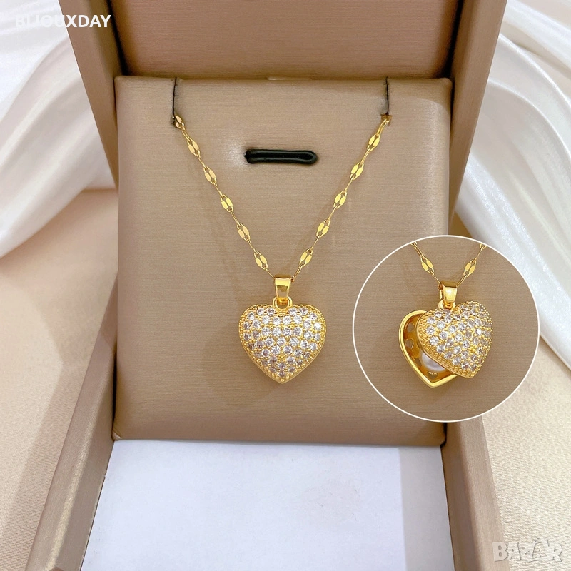 колие отварящо се сърце с перла от медицинска стомана с 18 карата златно покритие, снимка 1