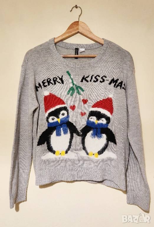 Коледен пуловер сив с пингвини, снимка 1