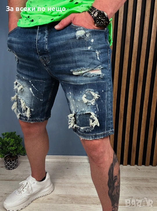 Мъжки Тъмносини Накъсани Дънкови Къси Панталони С Избелени Участъци Код moskito13, снимка 1