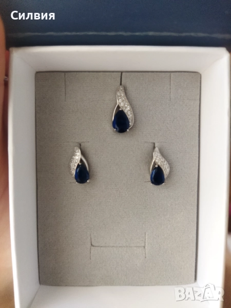 Сребърен комплект 925 обеци с висулка сапфир и цирконии , снимка 1