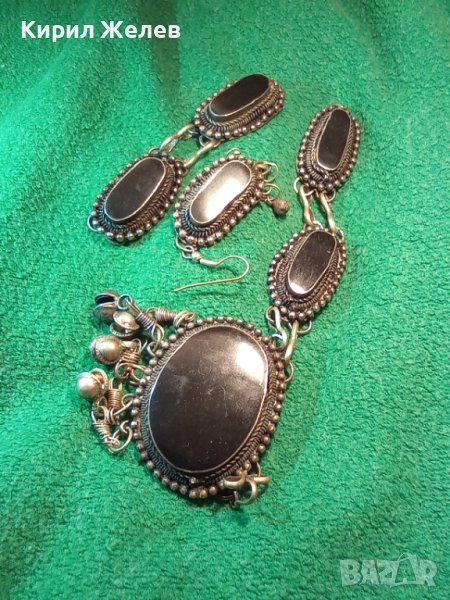 ОСМАНСКИ ГРИВНА и ОБЕЦА ПОСРЕБРЕНИ с ШЛИФОВАН ЧЕРЕН ОНИКС МАЙСТОРСКА СТАРА ИЗРАБОТКА НАКИТИ 23469, снимка 1