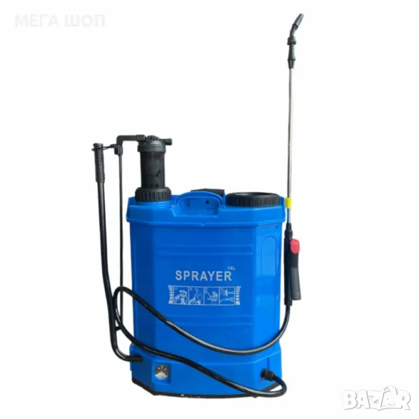 Пръскачка 2 в 1 с батерия и ръчно налягане – 16 литра, синя, снимка 1