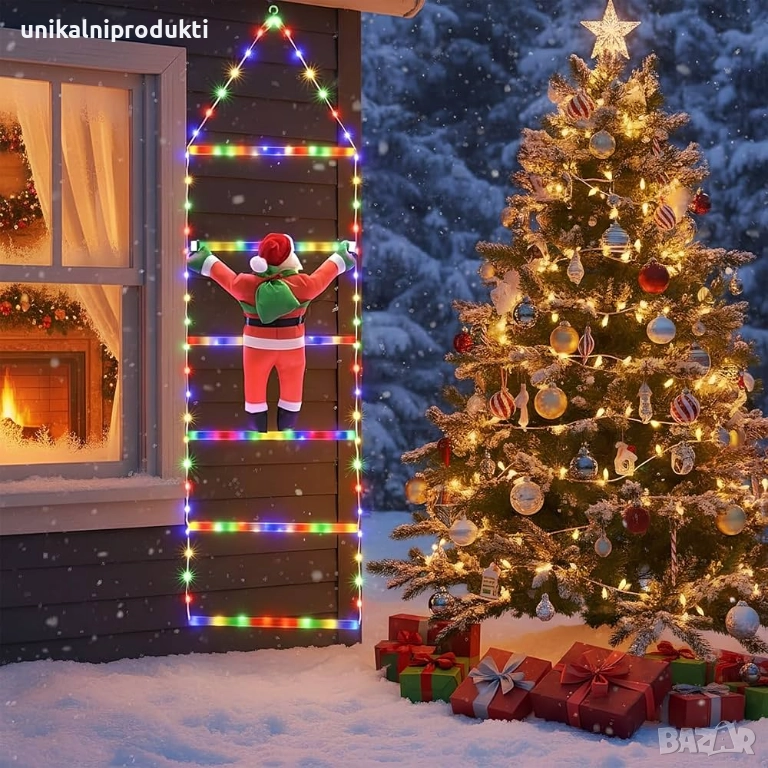 Светеща коледна украса стълба с катерещ се дядо коледа 1.5м два цвята , снимка 1