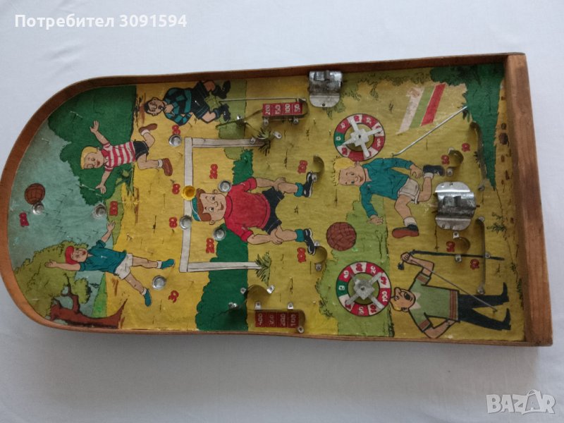 Винтидж дъска за игра на пинбол 63.см(600 мм), футболна ретро дървена игра на пинбол от 1960 г.,  - , снимка 1