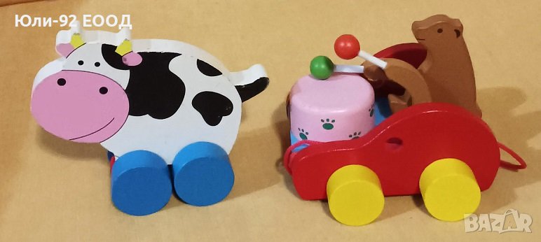 Дървени играчки на колелца с въженце за дърпане, снимка 1