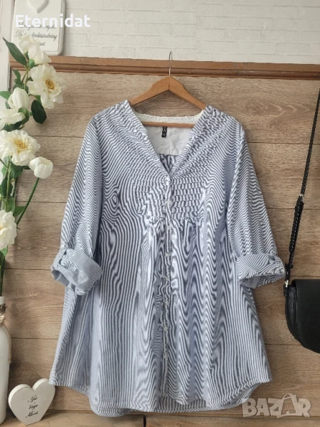 Блуза тип риза бяло и синьо райе памучна материя , снимка 1