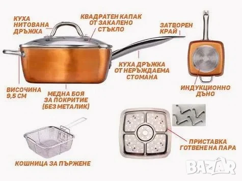 Нов меден тиган Copper Pan Комплект 6 в 1 Незалепващ С лека драскотина, снимка 4 - Съдове за готвене - 51132775