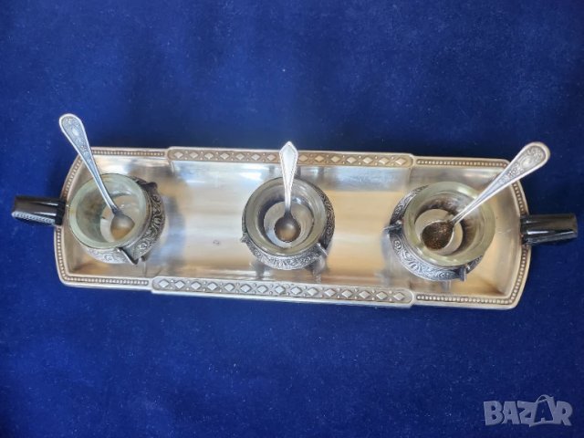 съдче за хайвер, горчица,подправки 3 броя в обков от мелхиор, с поднос + 3 лъжички /посребрени, снимка 2 - Други ценни предмети - 51154710