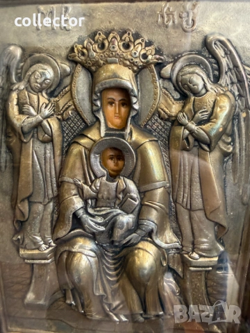 Сребърна православна икона Богородица на трона. №7878, снимка 3 - Антикварни и старинни предмети - 53496834