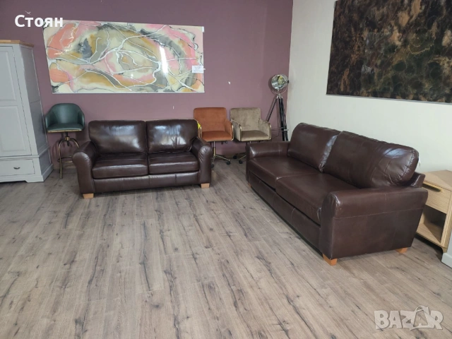 Кафяв кожен комплект дивани четворка и двойка с функция сън, снимка 11 - Дивани и мека мебел - 53755584